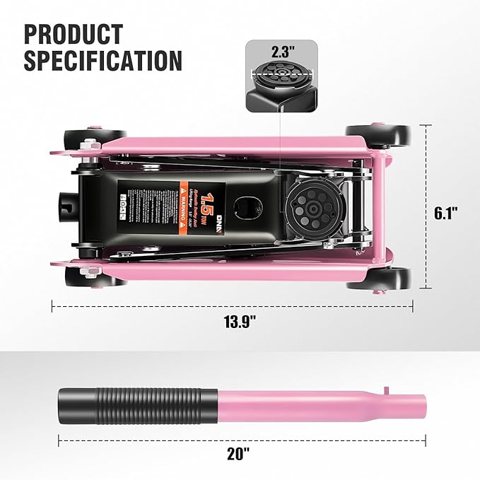 DNA Motoring Low Profile Hydraulic Trolley Service/Floor Jack, 1.5 Ton (3000 lbs) Capacity, Lifting Range 5.5"-15.35", Pink, TOOLS-00675-PK