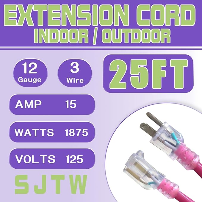 Outdoor Extension Cord with Lighted End, 12 Gauge Heavy Duty 25 FT, 3 Prong Grounded 15 Amp Extension Cord, 12/3 SJTW Waterproof Power Cord for Appliance, UL Listed, Pink