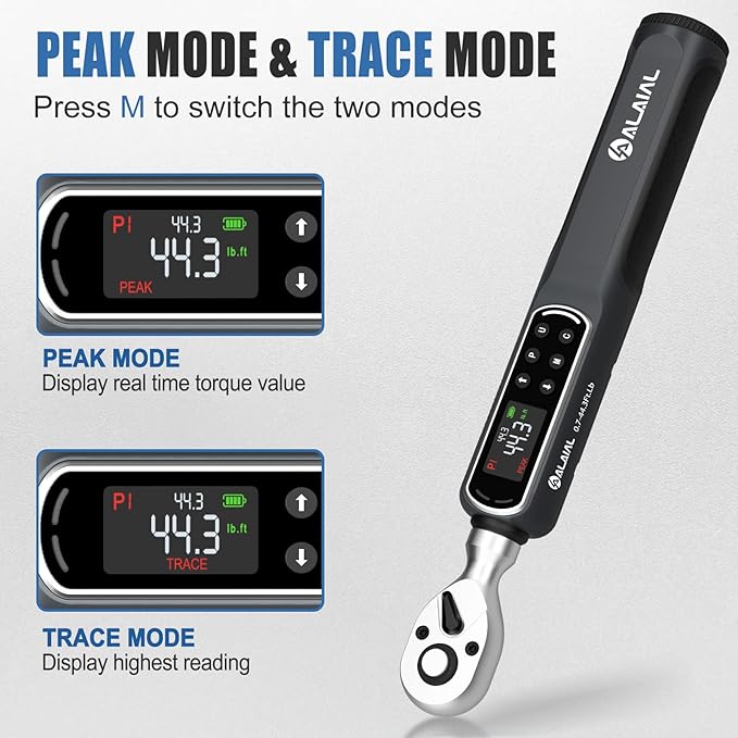 3/8 Drive Digital Torque Wrench, 0.7-44.3 Ft.Lb/1-60 Nm Dual Direction Rachet Wrench with Vibration, Buzzer and LED Alert, Electronic Torque Wrench for Bike Motorcycle Car Repair