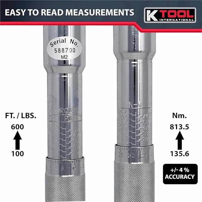 K Tool International 72175 Ratcheting Torque Wrench with 3/4" Drive for Garages, Repair Shops, and DIY, 100-600 ft/lbs., Click Style, Laser Marked Scales, Quick Release, Carrying Case, Non-Slip Handle
