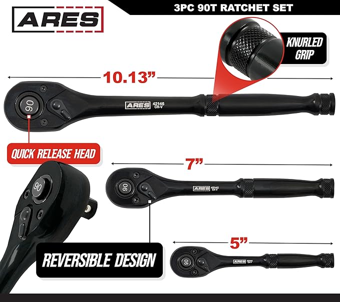 ARES 42143-3-Piece 90 Tooth Ratchet Set - Chrome Vanadium Steel, Black Oxide Finish - Quick Release for Easy Socket Change - Reversible Design - 4 Degree Swing – Automotive Ratchet Set