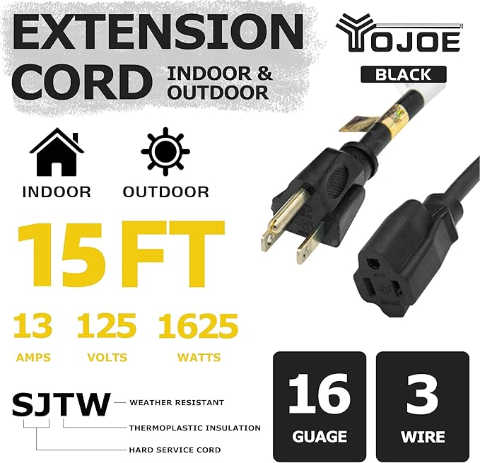 YOJOE Indoor Outdoor Extension Cord, 3 Prong 13A Weatherproof Power Cord, 16 Gauge Heavy Duty 15 ft Black Extension Cord for Garage, Garden and Home, 16/3 SJTW UL Listed