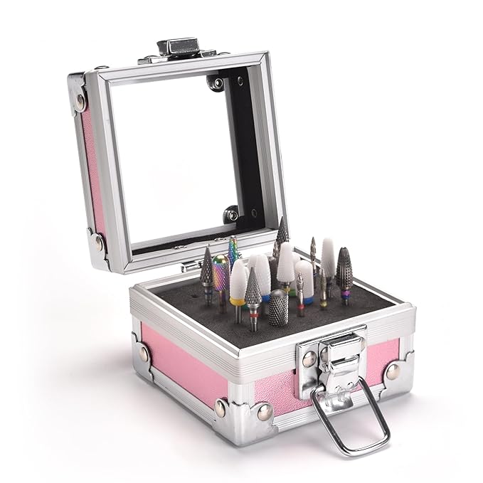 Nail Drill Bits Box Container 25 Hole Professional Nail Sander Storage Box Nail Art Tools Storage Container Nail Art Tools for Drill Bits Display Organizer, Pink