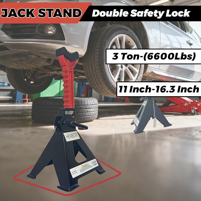 HENBOW Jack Stands,3 Ton(6600 Lbs) Capacity Car Jack Stand with Lock Pin,11.02"-16.14" Adjustable Height for Cars Trucks,Garage, SUV, UTV/ATV,1 Pair,Black