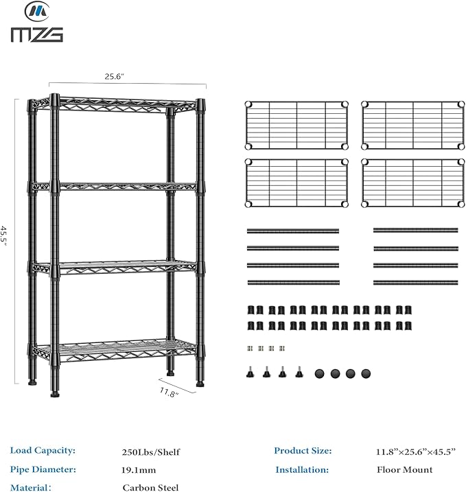 M MZG 1000 lbs 4 Tier Shelf Metal Storage Shelves Wire Rack Closet Organizers for Garage Kitchen Bathroom Laundry Black 11.8" D x 25.6" W x 45.5" H