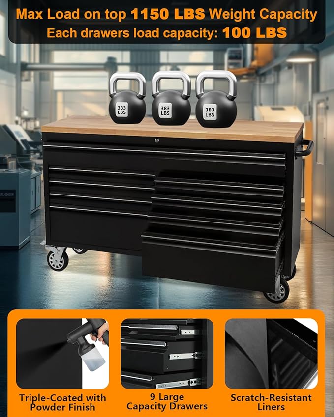 61-Inch Heavy-Duty Rolling Tool Chest & Mobile Workbench with 9 Drawers, Steel Storage Cabinet with Rubber Wood Top, Key Lock, Drawer Liners and Wheels for Garage, Workshop, Black