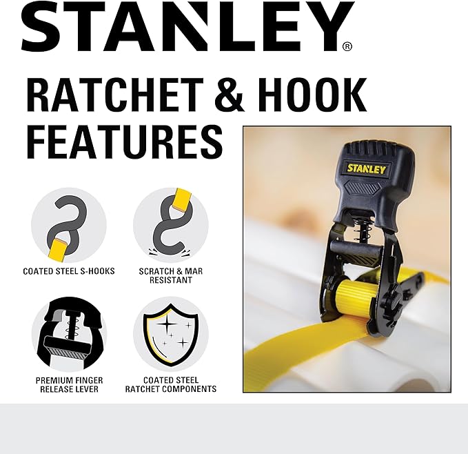 STANLEY S10002-12 Black/Yellow 1" X 12' Ratchet Straps - 500 LBS Safe Working Load / 1,500 LBS Break Strength, 2 Pack