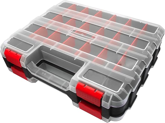 Double Side Tool Box Organizer, Hardware Storage Box, Portable Small Parts Organizer with Removable Plastic Dividers for Screws, Nuts, Nails, Bolts (Red)