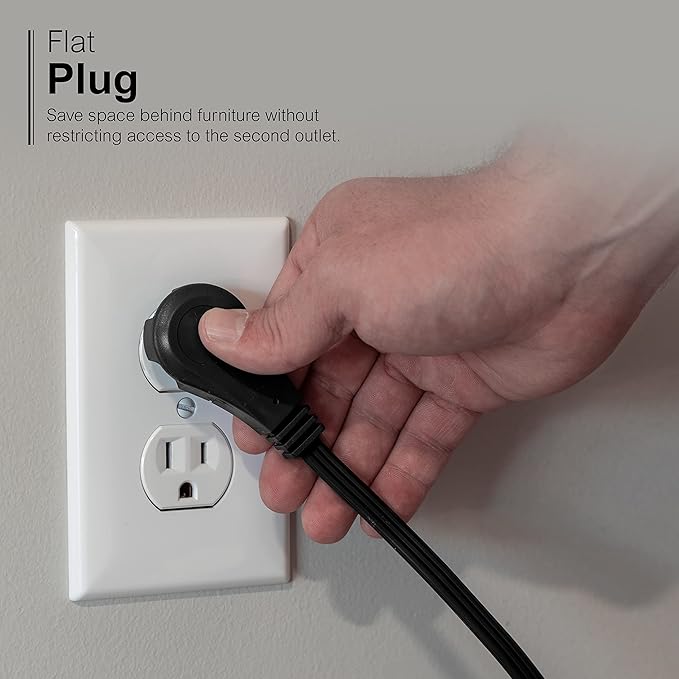 GE 3-Outlet Flat Extension Cord 3 Ft Grounded Extension Cord with Multiple Outlets 3 Prong Outlet Extender Flat Plug Indoor Power Strip 16 Gauge UL Listed Black 69877