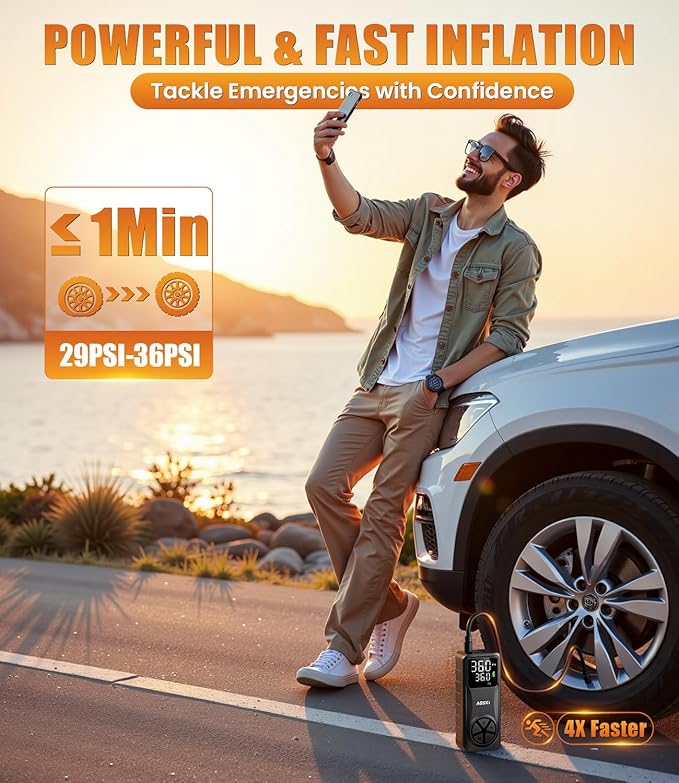 Tire Inflator Portable Air Compressor: 150PSI Rechargeable Air Pump with Digital Pressure Gauge, LED Light and Auto Shut-Off - Fast Inflation for Car, Motorcycle, Bike, and Ball - Black
