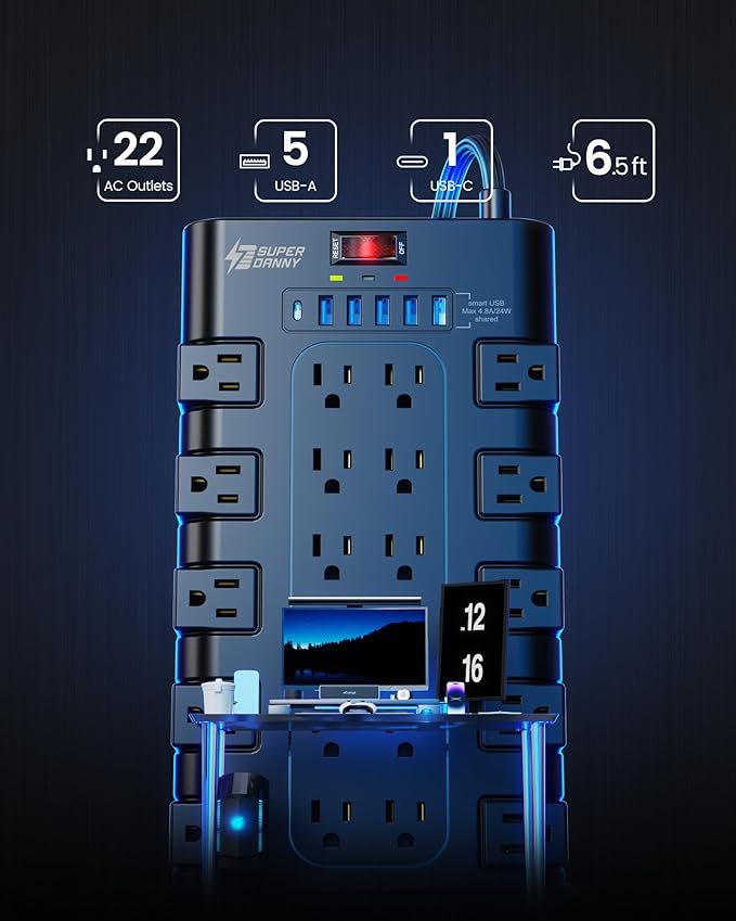 Flat Plug Power Strip, SUPERDANNY Surge Protector with 22 AC Outlets and 6 USB Charging Ports, 1875W/15A, 2100 Joules, 6.5Ft Heavy Duty Extension Cord for Home Office, Dorm, Gaming Room, Black