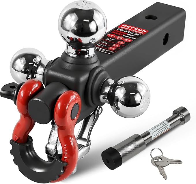Trailer Hitch Tri-Ball Mount: with Swivel Tow Shackle and Tow Hook, fits for 2-inch Receiver, Chrome Trailer Ball Size 1-7/8", 2" and 2-5/16" and 5/8" Hitch Lock Pin