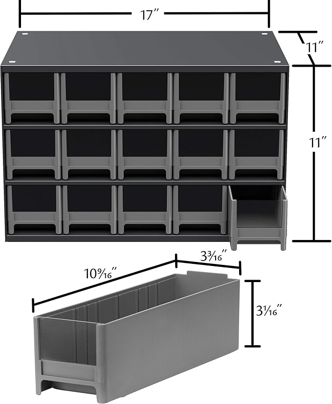 Akro-Mils Steel Garage Storage Cabinet, Small Parts Organizer Metal Cabinet for Hardware, Nails, Screws, Bolts, Nuts, and More, 17" W x 11" D x 11" H, 15-Drawer, Gray Cabinet/Black Drawers (19715)