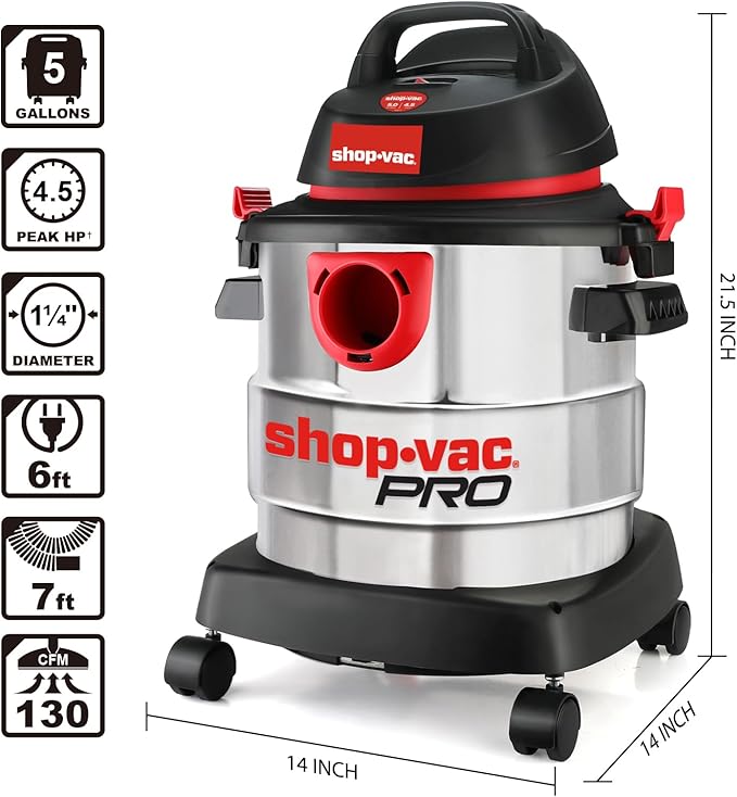 Shop-Vac 5 Gallon 4.5 Peak HP Wet/Dry Vacuum, Stainless Steel Tank, Portable Shop Vacuum with Attachments 2-in-1 AC Drain Line Unclogger Tool, Universal Fit HVAC Drain Line Cleaner Adapter