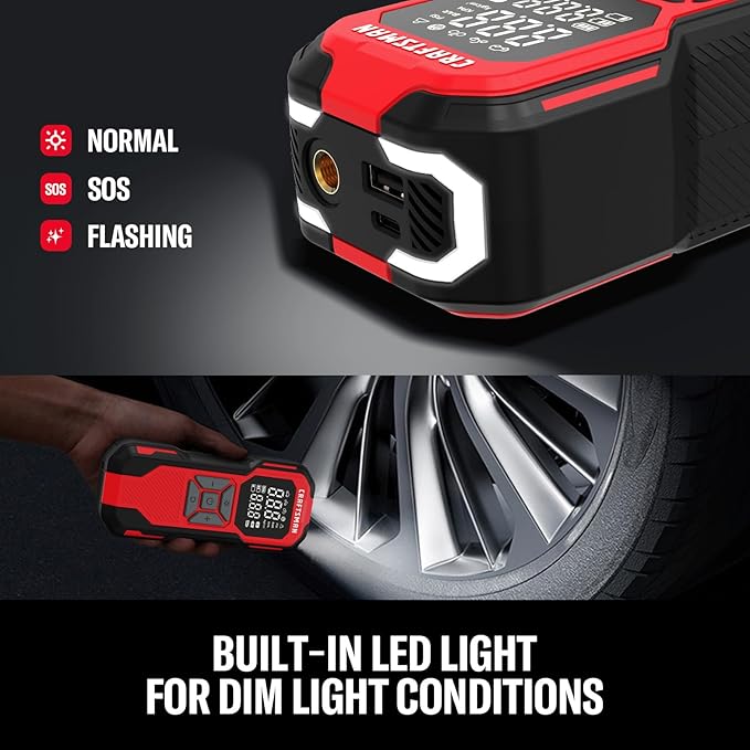 CRAFTSMAN Tire Inflator Portable Air Compressor, Cordless Mini Air Pump for Car Tires with Digital Tire Pressure Gauge, 6000mAh Battery Powered Air Pump, Max Pressure 150 PSI, 12V DC Corded