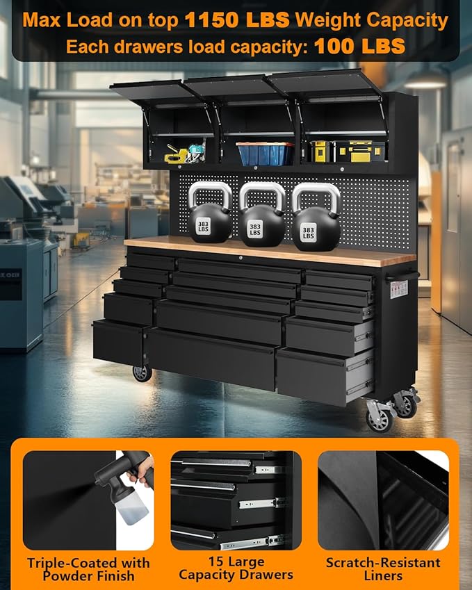 72 Inch Heavy-Duty Garage Workbench with 15 Drawers & 3 Cabinets, Steel Frame Workshop Table for Mechanics, Garage Organization, Large Tool Bench Storage with Pegboard, Black