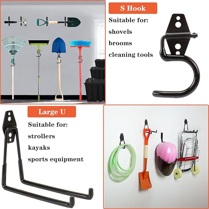 TocTen Garage Hooks, 14 Pack Garage Storage Hook Heavy Duty Solid Steel Wall Hooks, Wall Mount Storage Hook Kit with Anti-Slip Coating Ladder Hooks for Hanging Garden Tools Chair Hose Ropes (Black)