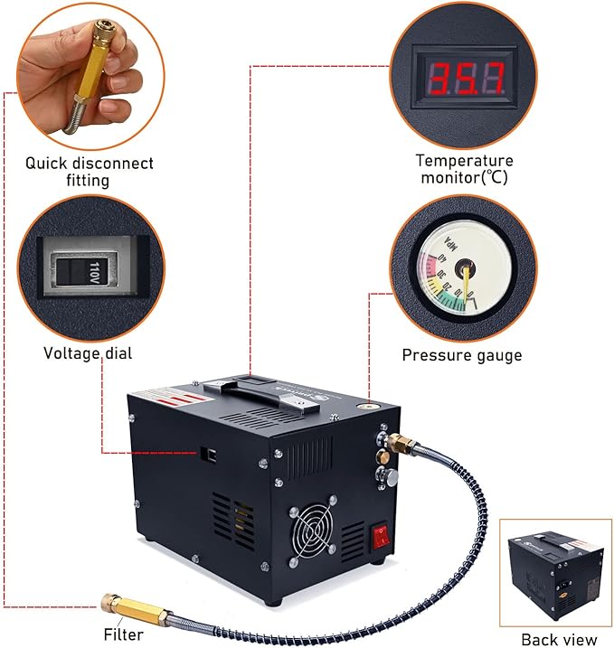 PCP Air Compressor,Built-in Power Converter,Portable 4500Psi/30Mpa,Water/Oil-Free,PCP Paintball Tank Air Pump, Powered by 12V Car DC or Home 110V AC with Oil-Moisture Filter
