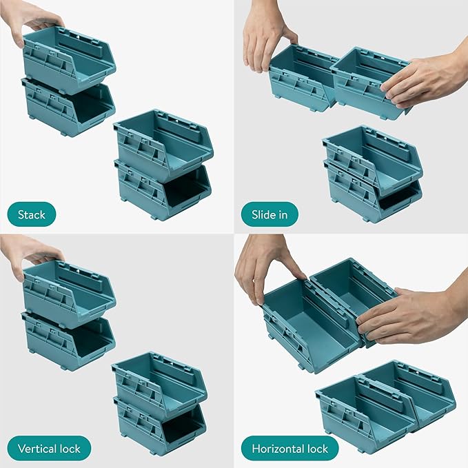 Navaris Storage Bins - Interlocking Plastic Van Boxes - Wall Mounted Compartments for Screws Nails Small Tool Parts - Workshop Garage Drawer Shed Organiser - 12 Bins & 3 Rails