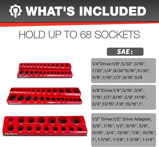 3Pcs 1/2", 1/4" and 3/8" Magnetic Socket Organizer Set,SAE Socket Holder Kit, Socket Trays，holds 68 Deep and Shallow 3/8" Sockets(sockets not included)