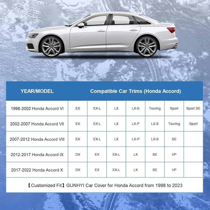 Honda Car Cover Custom Fit Honda Accord Waterproof All Weather, Lightweight Full Exterior Cover for Automobiles Outdoor Sun UV Rain Dust Snow Wind Protection.