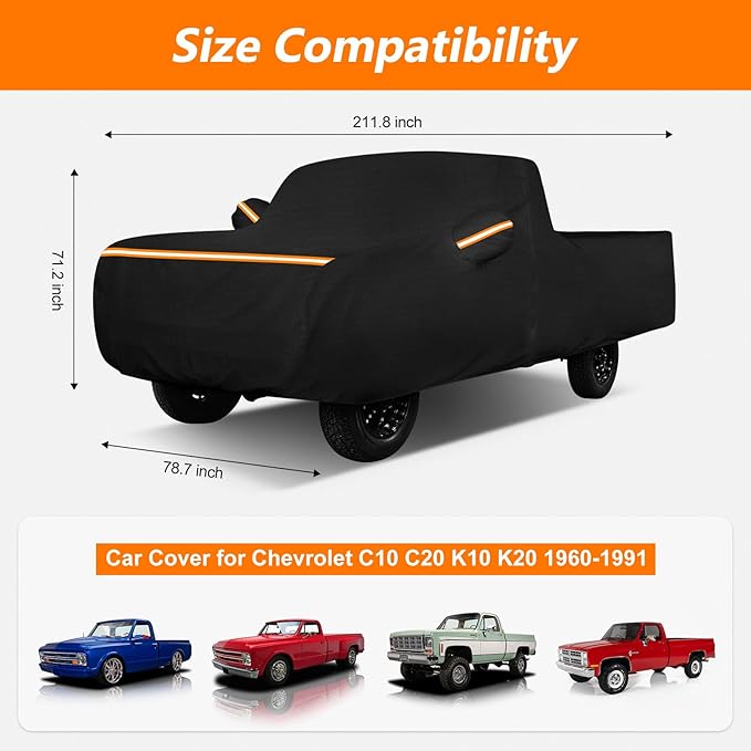 Car Cover for Chevrolet C10 C20 K10 K20 1960-1991, All Weather Waterproof 420D Oxford Cloth with Cotton Lining, Outdoor Car Cover with Windproof Straps, Heavy Duty Sun Rain Snow Protection