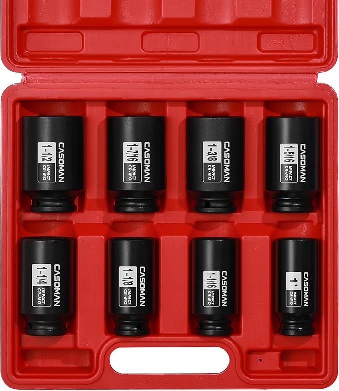 CASOMAN 1/2-Inch Drive Deep Spindle Axle Nut Impact Socket Set, 6 Point, CR-MO, SAE, 1" to 1-1/2", 8-Piece 1/2" Dr. Deep Impact Socket Set