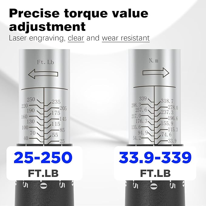1/2 Inch Torque Wrench 25-250 ft-lb /33.9-339 N.M/Aluminum Alloy handle & Cr-Mo Material Head, Heavy Duty, Professional,Dual Direction, Store in Solid Case