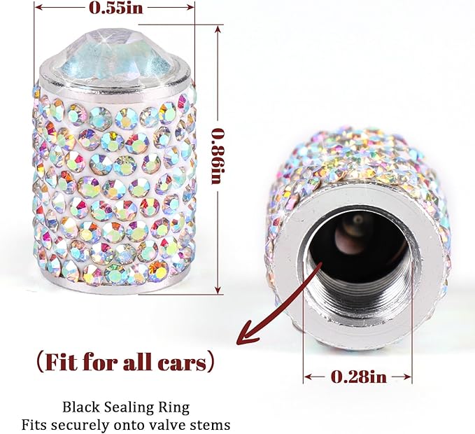 ToBeQueen Bling Colorful Tire Valve Caps, 4 Pack Handmade Crystal Rhinestone Color Bling Tire Caps Universal Dustproof Colorful Bling Car Accessories for Car/SUV/Motorcycle/Bike(AB Color)