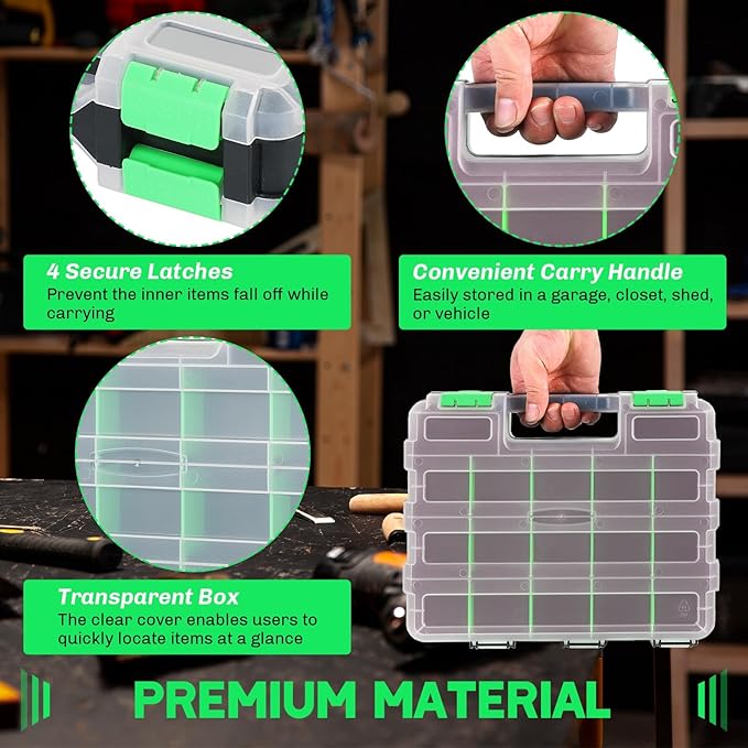 Small Parts Organizer | Storage Case Tools Box 34-Compartments Double Side Organizer Box with Removable Dividers for Small Hardware, Screws, Bolts, Nuts, Nails, Beads (Green)