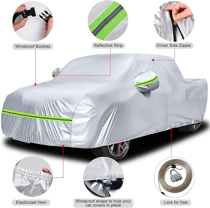 Waterproof Car Covers Replace for 2005-2024 Toyota Tacoma/Ford Ranger Crew Cab 6ft, 6 Layers Silver All Weather Car Cover with Zipper Door & Windproof Bands for Snow Rain Dust Protection