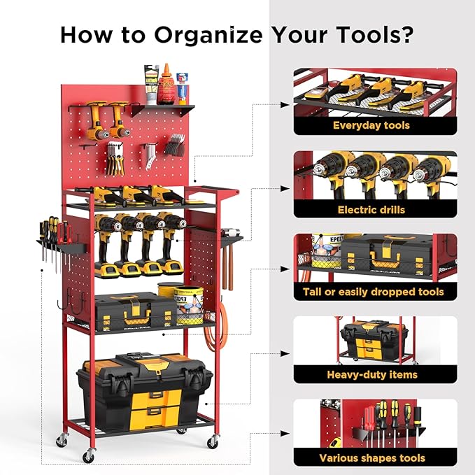LimeHill Garage Power Tools Organizer Cart with Pegboard, Large Floor Standing Rolling Drill and Tools Battery Storage Cart on Wheels, Utility Rack Gift for Men, Husband, Father