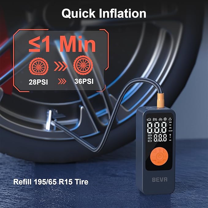 BEVA Tire Inflator Portable Air Compressor, 4X Faster Inflation Air Pump with Digital Pressure Gauge, 150PSI Cordless Tire Inflator with LED Light for Car, Electric Bikes, Motorcycle, Bike, Ball