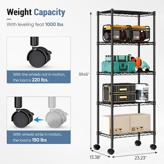 DUMOS Industrial 5 Level Grid Storage Rack ，Mobile Metallic Shelving System with Lockable Wheels， Multi-Purpose Cabinet for Workshop, Culinary Space, Storeroom, Washroom & Restroom Black