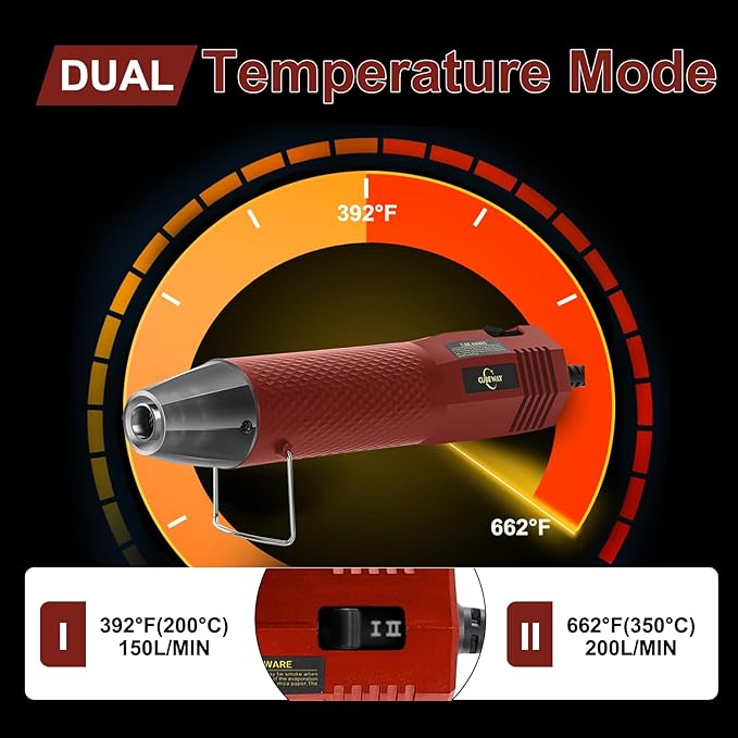 Mini Heat Gun 350W, 2-Temp Settings 392°F & 662°F,Fast Heat Hot Air Gun Tool with 2 Reflector Nozzle and and 6.56Ft Long Cable for Crafting, Vinyl Wrap and Shrink Tubing