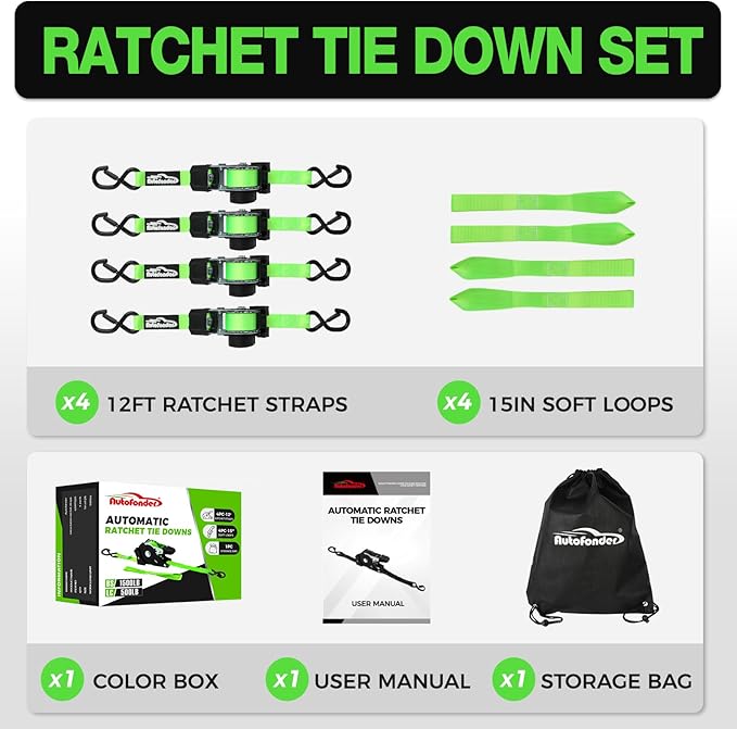 Retractable Ratchet Straps with Soft Loops(4 Pack)-(1,500lb Break Strength) -1 Inch x 12 Feet Heavy Duty Auto Self Retracting Tie Down Strap for Truck, Cargo Trailer, Motorcycle, Rad & More