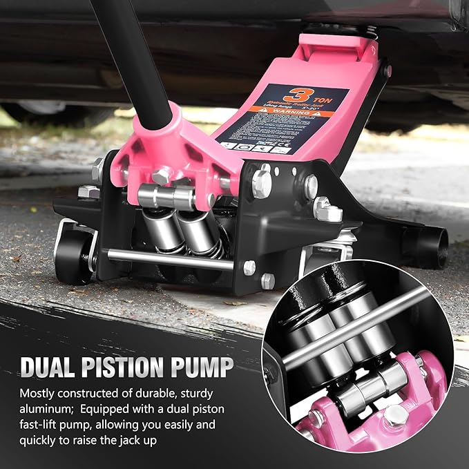 PM PERFORMOTOR Low Profile Hydraulic Trolley Service/Floor Jack, 3 Ton (6000 lbs) Capacity, Lifting Range 3"-20",Pink,PM-TOL-FJ30-PK