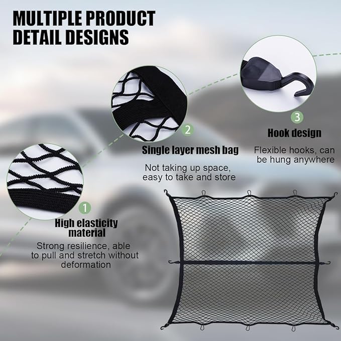 Zpana Cargo Net for Pickup Truck Bed, High Elastic Vehicle Netting with 6 Metal Carabiner Hooks, Stretchable Automotive Mesh Storage Organizer Accessories, Universal for SUV, Sedan, Truck