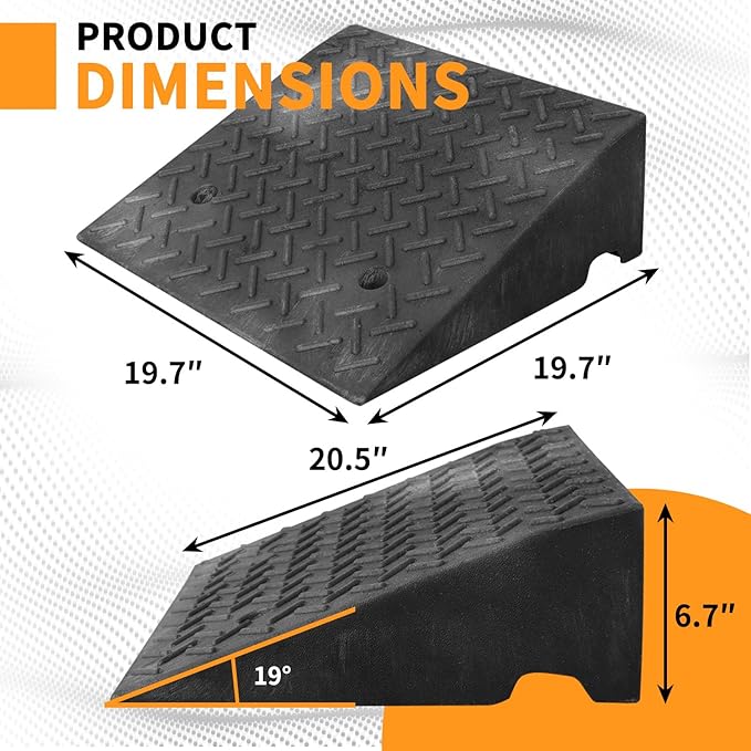 Rubber Curb Ramps for Driveway Sidewalks Shed Entry, 6.7 Inch Rise Height 2 Pack 19.68" L x 19.68" Threshold Ramp for Cars, Motorcycles, Lawn Mowers, 7000lbs Load Capacity