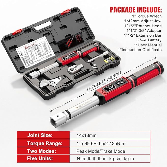 Adjustable Digital Torque Wrench 1.5-99.6Ft.Lb/2-135N.m,14x18 mm Open End Torque Wrench with 1/2 Drive Ratchet Head&42mmJaw,Vibration,Buzzer and LED Notification for HVAC,Car,Heat Pump Piping