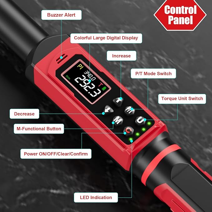 3/8"&1/2" Digital Torque Wrench Set(0.66-44.29Ft.Lb/0.9-60N.m&3.8-250.8Ft.Lb/5.1-340Nm), ±1% Accuracy with Vibration, Buzzer,LED Notification and Five Units of Measure, for Car,Moto, DIY
