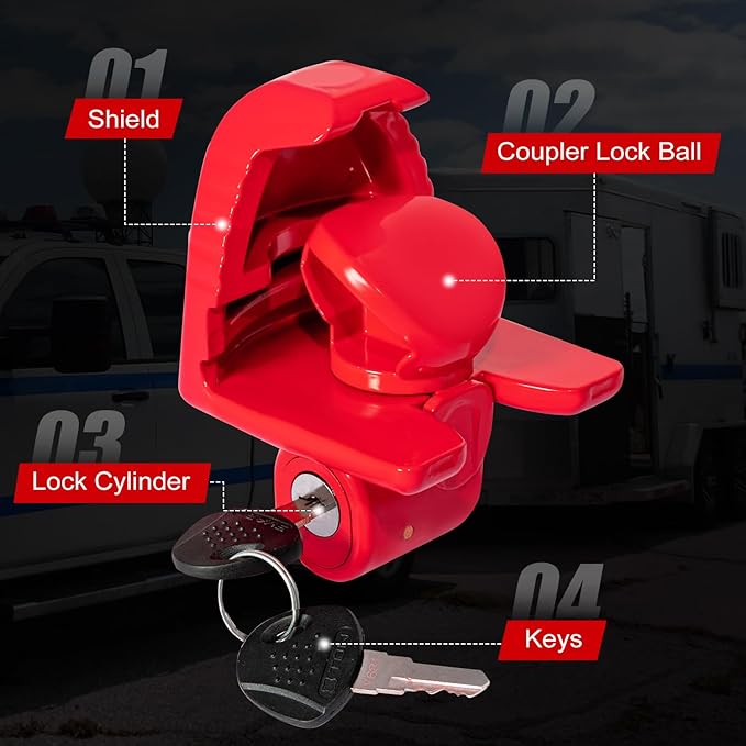 Trailer Hitch Locks with Keys, Trailer Lock Fit 1-7/8", 2", and 2-5/16" Couplers, Universal Accessories for Truck Vehicles, Boat and Rv, Heavy-Duty Steel, Red