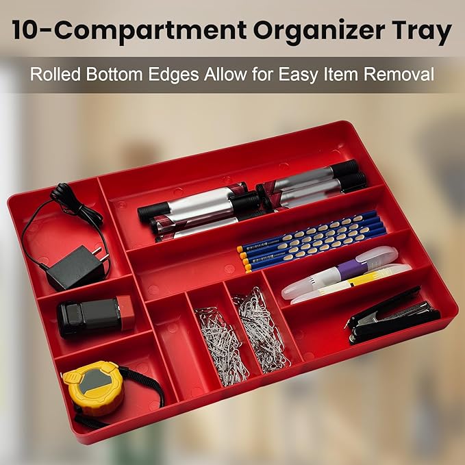 10-Compartments Tool Organizer Tray, Tool Drawer Organizer Tray, Tool Box Organizer, Stackable Toolbox Organization Holder for Small Parts, Bolts and Batteries (1, Red)