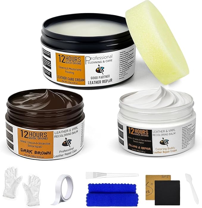 12H Quick-Dry Leather Repair Kit with 3.53Oz Dark Brown Leather Recoloring Balm, Filler & 4.23Oz Care Cream, 3-in-1 Vinyl Repair Set for Sofa, Car Seats, Jackets, Purses, Shoes, Faux Leather and More