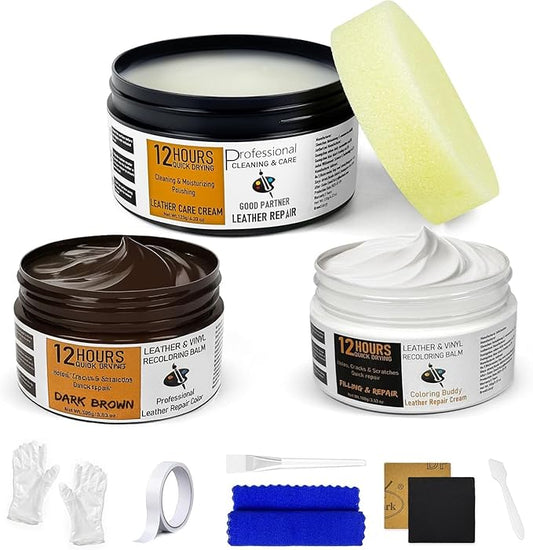 12H Quick-Dry Leather Repair Kit with 3.53Oz Dark Brown Leather Recoloring Balm, Filler & 4.23Oz Care Cream, 3-in-1 Vinyl Repair Set for Sofa, Car Seats, Jackets, Purses, Shoes, Faux Leather and More