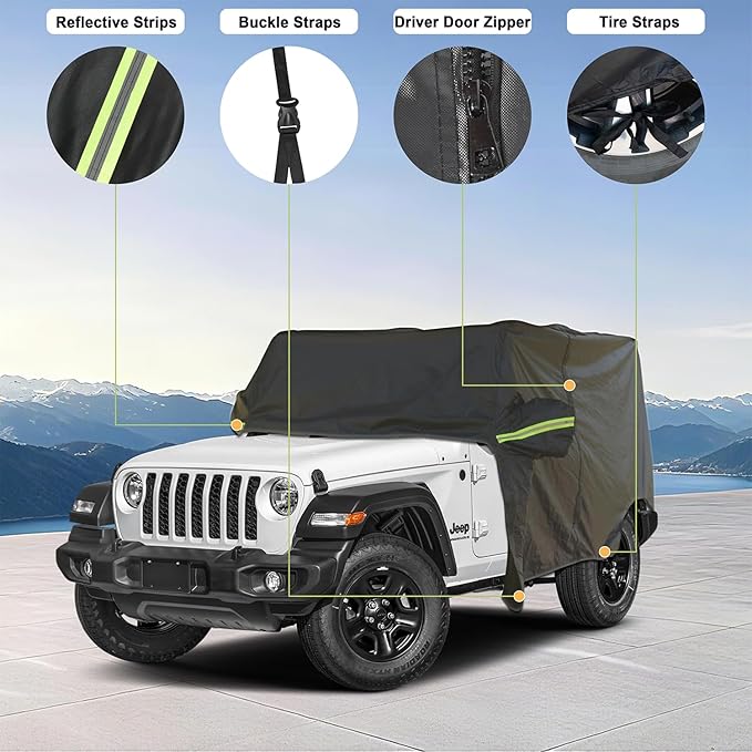 INSAUTO Waterproof Cab Cover for Jeep Wrangler 4-Door (2007–2025), All-Weather Sun, Rain & Snow Protection, UV Resistant, Windproof Outdoor Car Cover with Driver Door Zipper, Perfect for Top-Off Use