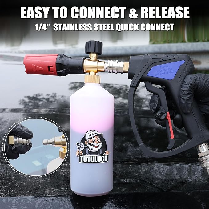TUTULUCK® Short Pressure Washer Gun - Small Power Washer Handle with 3/8" Smooth Swivel,1/4" Quick Connector Coupler,Fully Compatible with Car Wash Foam Cannon, M22-14mm/M22-15mm Hoses