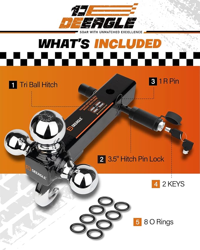 DEEAGLE 3 Ball Hitch with Hook, Tri Ball Hitch with 3.5” Hitch Pin Lock, 1-7/8", 2" and 2-5/16" Ball, Fit 2” Hitch Receiver, Heavy Duty Trailer Hitch, Include Pin Lock