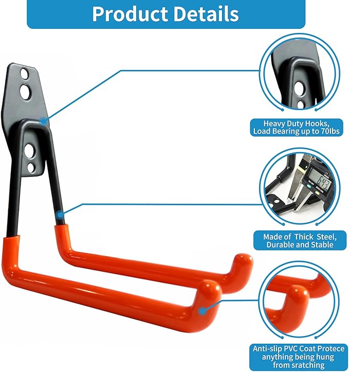 GeeWatom Garage Storage Utility Hooks，Garage Garden Tool Organizer，Steel Wall Mount Hooks, Large Garden U Hooks （2 Pack）