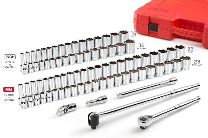 TEKTON 1/2 Inch Drive Shallow and Deep 6-Point Socket and Ratchet Set with Case, 83-Piece (3/8 - 1-5/16 in., 10-32 mm) | SKT25302